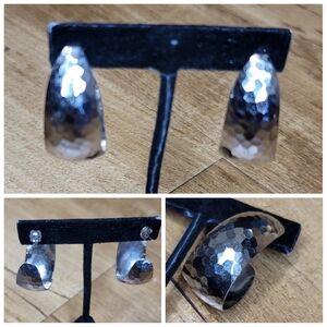 Vtg Hammered Oval Hoop Silver Tone Earrings